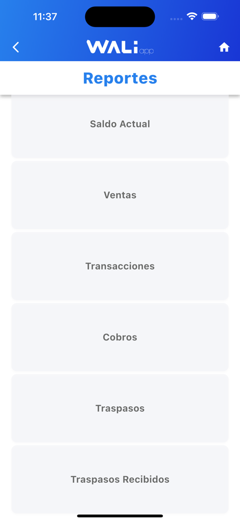 WALIApp - WALIApp reports dashboard showing sales transactions and balance options in Spanish