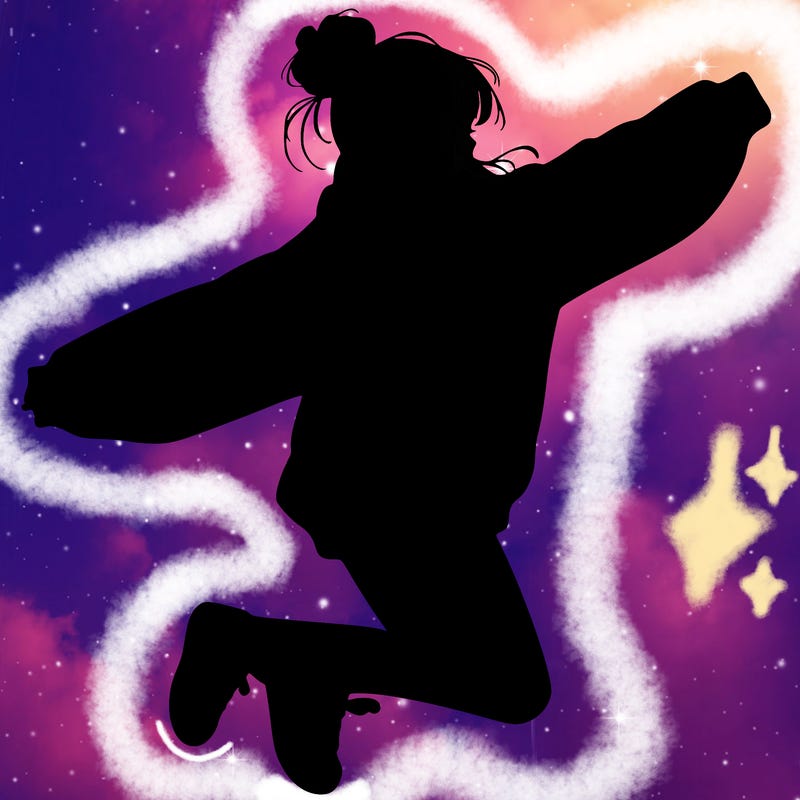 realistic girl jumping with a bun and oversized sweatshirt
