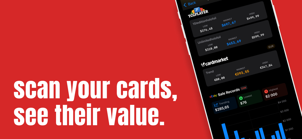 Card value Scanner - PokeLite - Schnittstelle einer Sammelkarten-Scanner-App, die Marktwerte von eBay und TCGplayer anzeigt