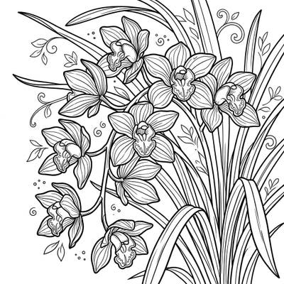 Immerse yourself in the sophisticated charm of Cymbidium Orchids with this beautifully detailed coloring template. This design features an intricate arrangement of the renowned Boat Orchids, perfect for a relaxing and rewarding artistic endeavor.