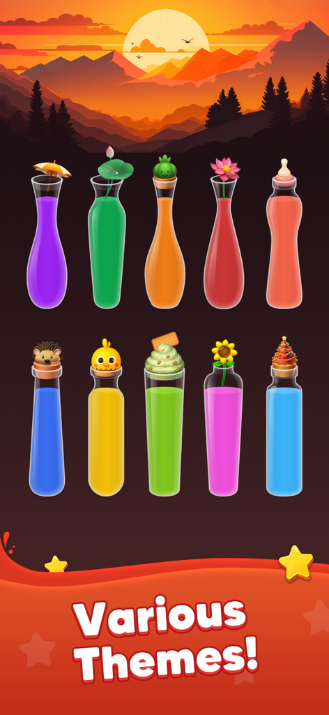 Water Sort Master! - Captura de pantalla del juego Water Sort Master que muestra varias formas de botellas y adornos decorativos con líquido de colores