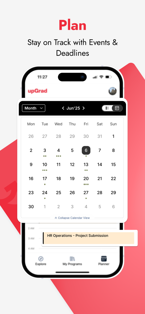 Une interface mobile de l'application upGrad affichant un planificateur de calendrier pour le suivi des événements de cours et des échéances de projets.