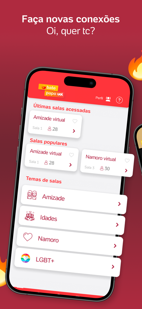 Interface do aplicativo UOL Bate-Papo mostrando várias categorias de salas de chat para amizade e namoro.