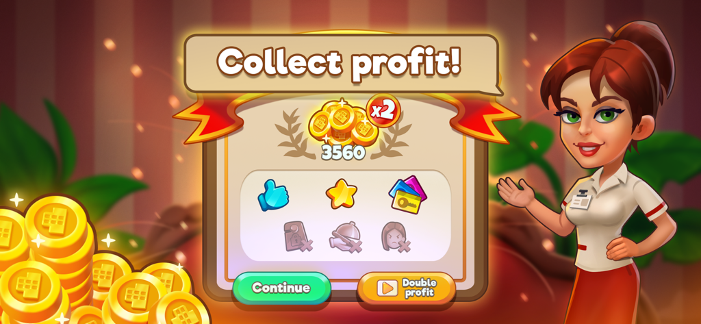 Reward screen in Doorman Story showing a hotel employee character and collected coins with a profit multiplier