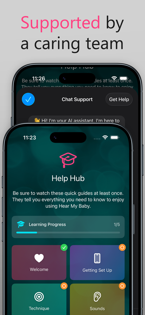 The Hear My Baby app Help Hub showing tutorial modules and AI chat support interface.