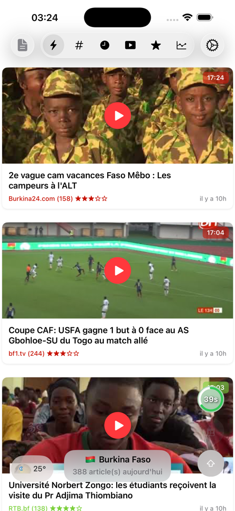 Video news feed in the Burkina Actu du Faso mobile app showing cultural and sporting events.