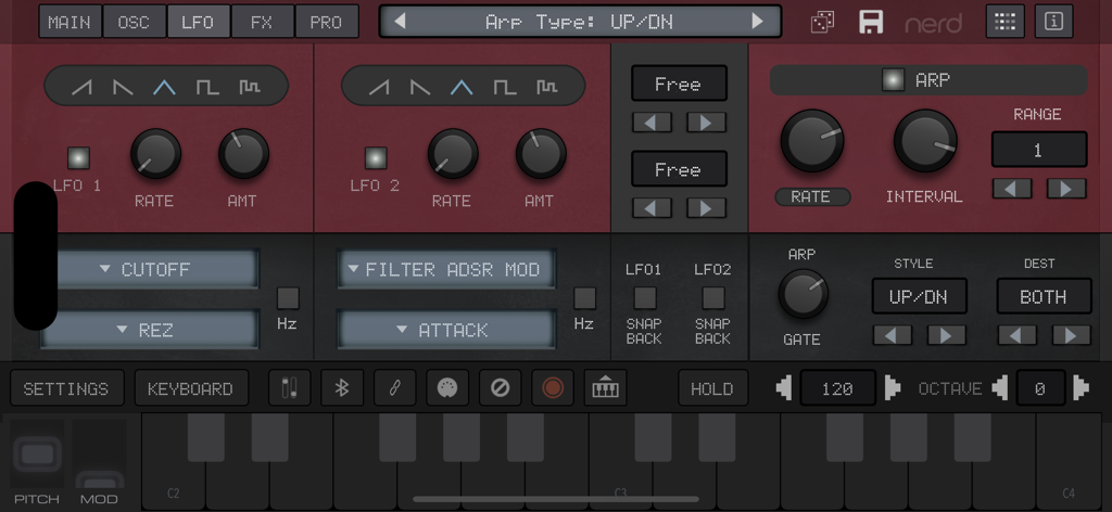 Main interface of the NERD Synth A2x virtual analogue synthesizer showing arpeggiator and LFO controls.
