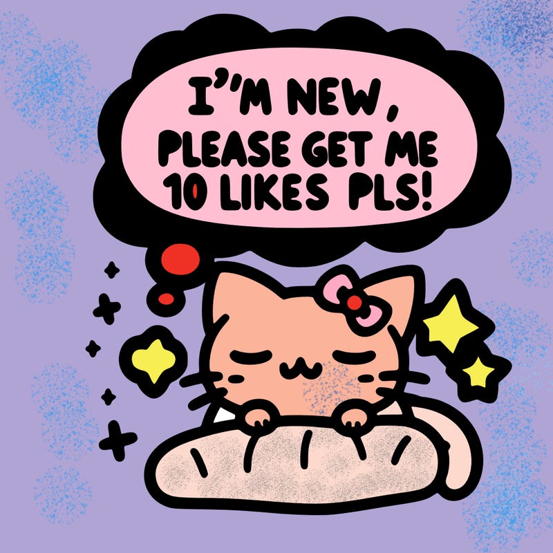 kitty taking a nap dream talking and saying "i'm new, please get me at least 10 likes pls!!"