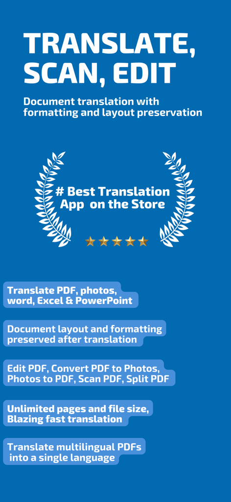 PDF Translator: Translate - Características clave de la aplicación Traductor PDF que incluyen traducción de documentos, escaneo y conservación del diseño.