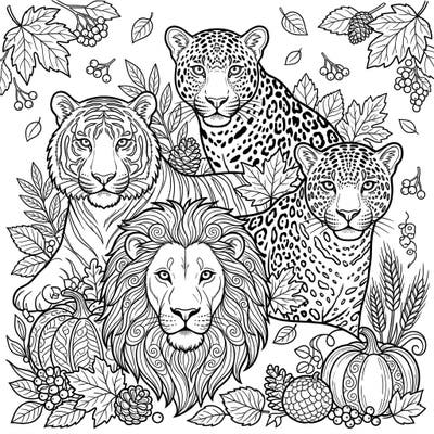 Unleash your creativity with this stunning adult coloring page featuring a powerful collection of big cats surrounded by the rich beauty of autumn. Delve into intricate details of majestic lions, tigers, leopards, and jaguars intertwined with fall leaves and pumpkins.