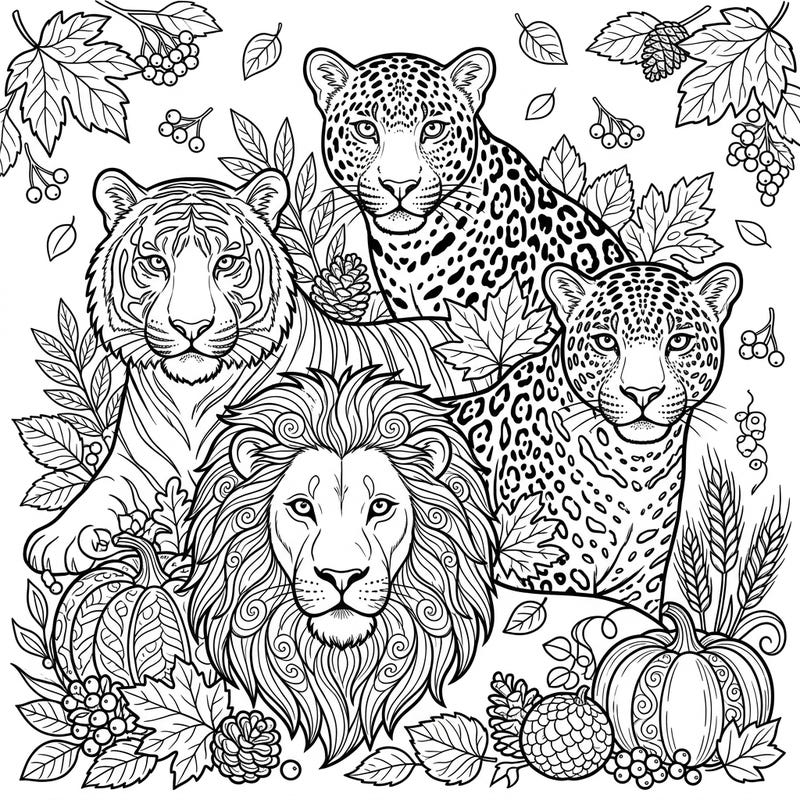 Unleash your creativity with this stunning adult coloring page featuring a powerful collection of big cats surrounded by the rich beauty of autumn. Delve into intricate details of majestic lions, tigers, leopards, and jaguars intertwined with fall leaves and pumpkins.