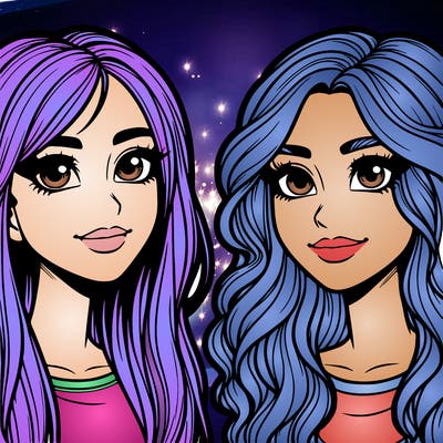 realistic two freinds girls both with blonde hair and brown eyes both hve noses one with straight hair and on with wavy hair realistic