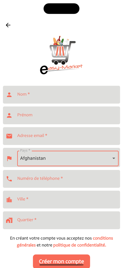 Easy Market - Registration screen for the Easy Market app featuring a user signup form with fields for personal and location details.