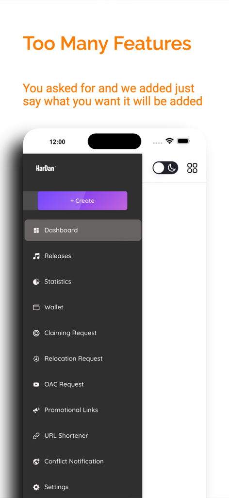 A sidebar menu in the HarDan Music Distribution app listing features like Releases, Statistics, and Wallet.