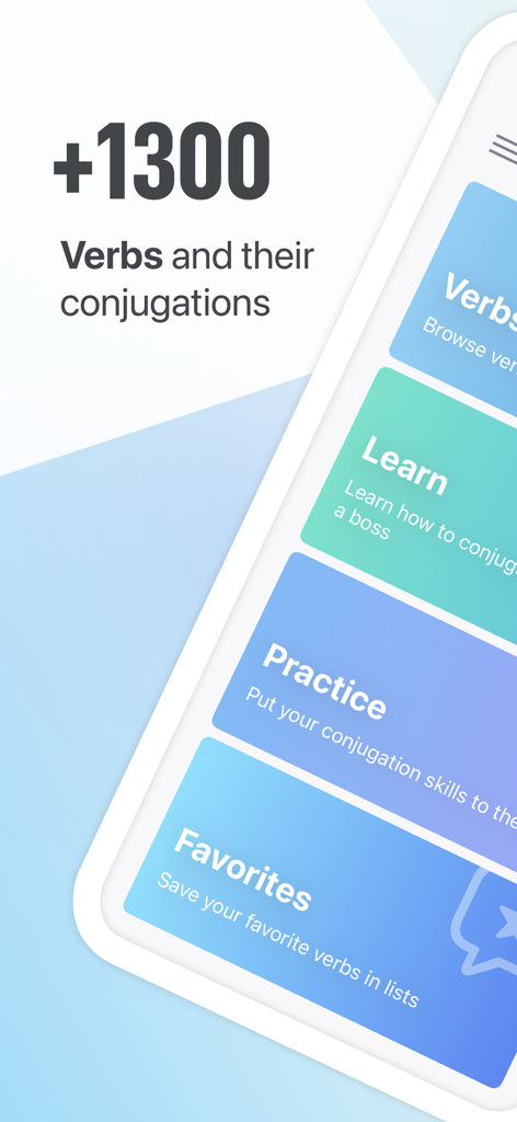 Verbos + - Interface do aplicativo Verbos Plus destacando aprendizado e prática para mais de 1300 verbos em espanhol
