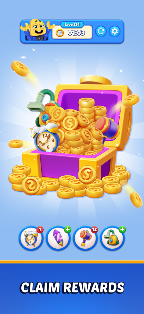 Color Block: Jam Puzzle 3D - Eine goldene Schatztruhe voller Münzen und Power-Ups auf dem Belohnungsbildschirm von Color Block Jam Puzzle 3D