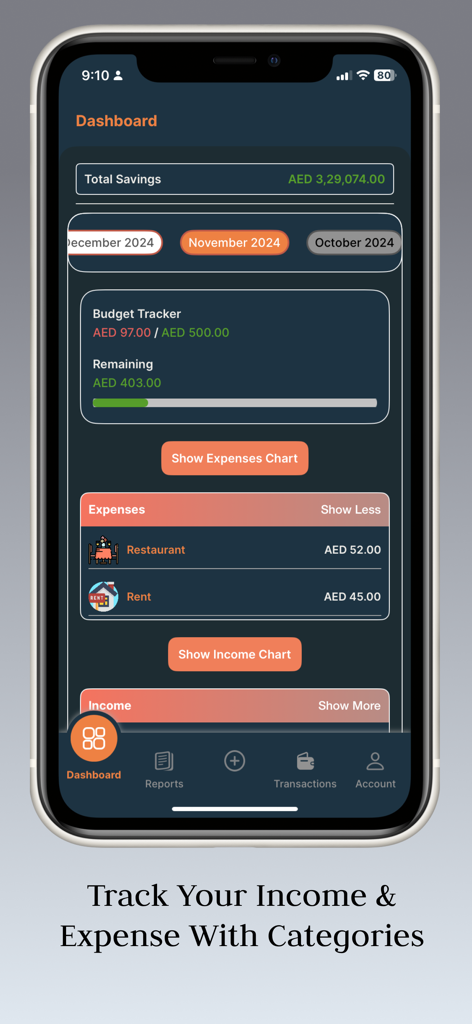 Dashboard del tracciatore di spese Daily Spend che mostra il totale dei risparmi e il monitoraggio del budget per categoria.