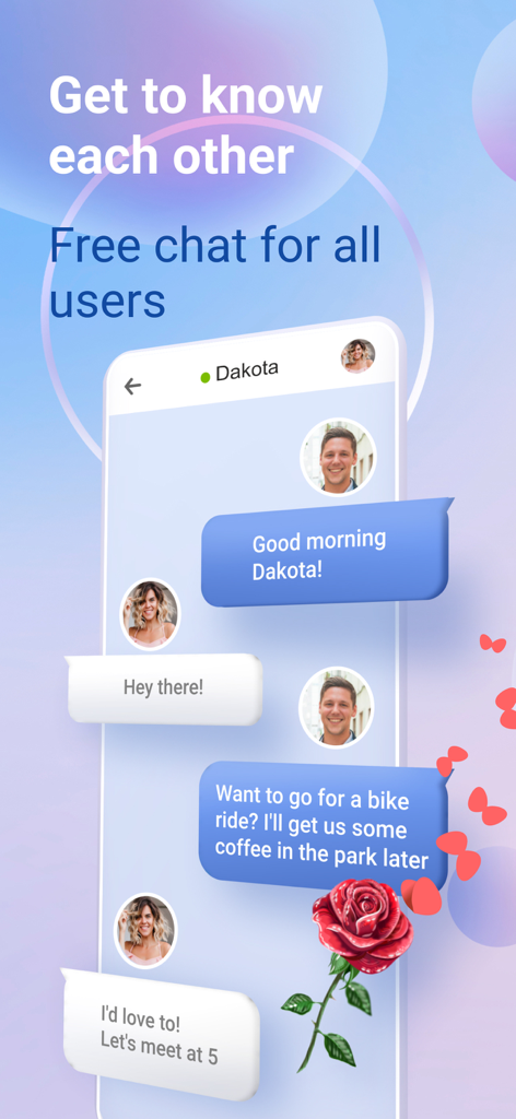 Tela de chat do aplicativo de namoro WayToHey mostrando dois usuários trocando mensagens com uma ilustração de rosa