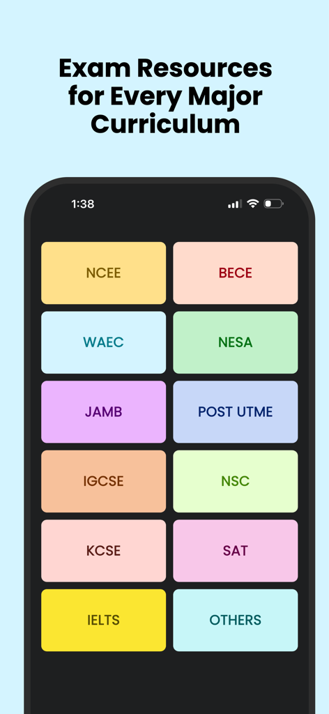 FlashLearners: Study & CBT - FlashLearners mobile app screen displaying a grid of colorful buttons for various exam curriculums like WAEC, JAMB, SAT, and IELTS.