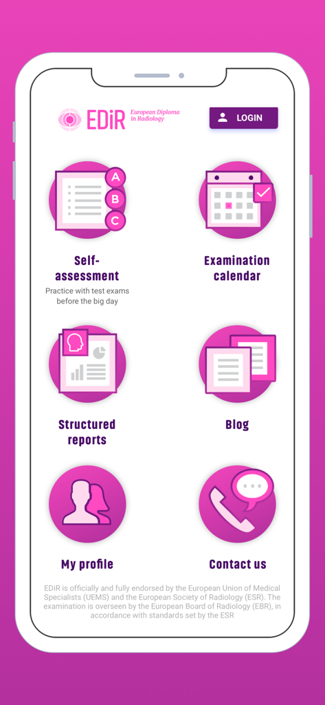 EDiR App - Menú principal de la aplicación EDiR que muestra autoevaluación de exámenes y recursos de radiología
