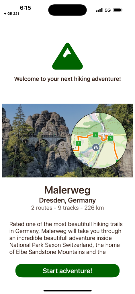 Malerweg - Germany - Welcome screen of the Malerweg hiking app for Germany featuring a scenic trail photo and a digital map overlay.