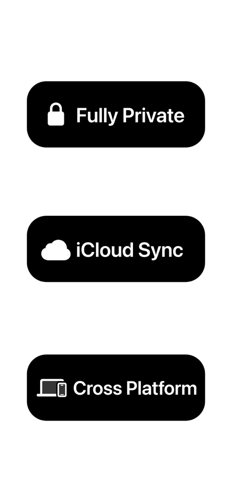 Reflect & Journal - Bloom - Graphic showing Bloom app features including Fully Private, iCloud Sync, and Cross Platform support.