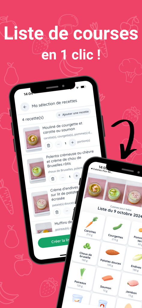 Cuisinez pour bebe app interface showing the automatic shopping list feature generated from baby food recipes