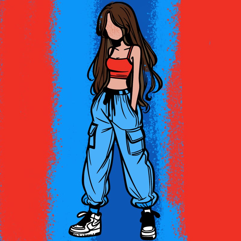 girl in baggy pants crop top and long hair