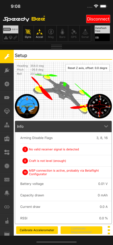 SpeedyBee app interface displaying drone setup parameters with a 3D model and flight controller diagnostics