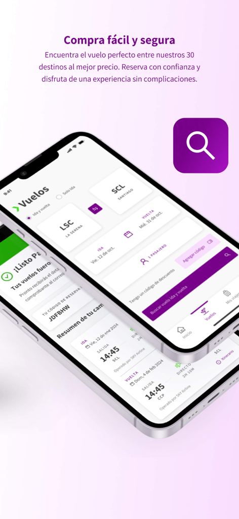 Interface do aplicativo móvel SKY Airline mostrando opções de busca e reserva de voos para viagens internacionais