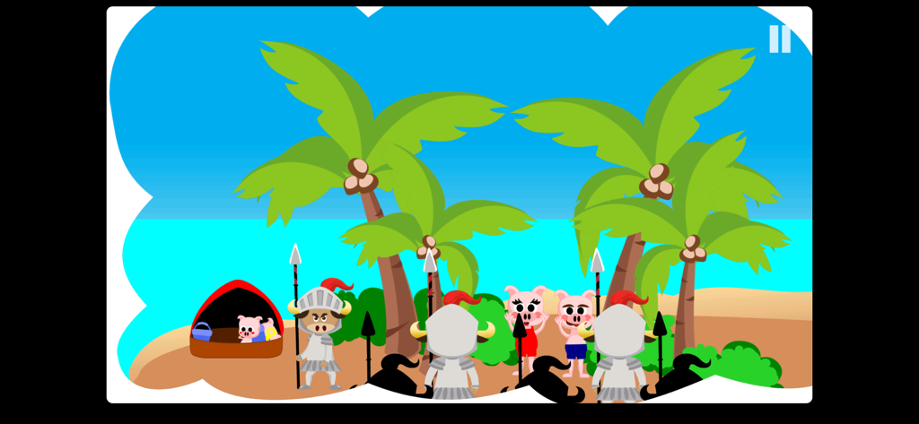 Tiny Story 2 Adventure - Tiny Story 2 Adventureのゲームで、ヤシの木がある熱帯のビーチにいる動物の騎士と豚。