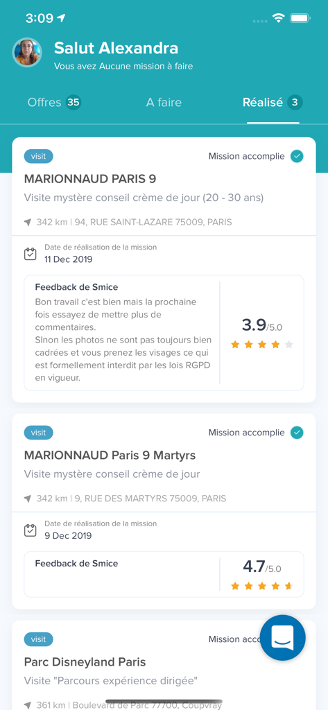 A screen from the Smice app showing a list of completed mystery shopping missions with star ratings and feedback