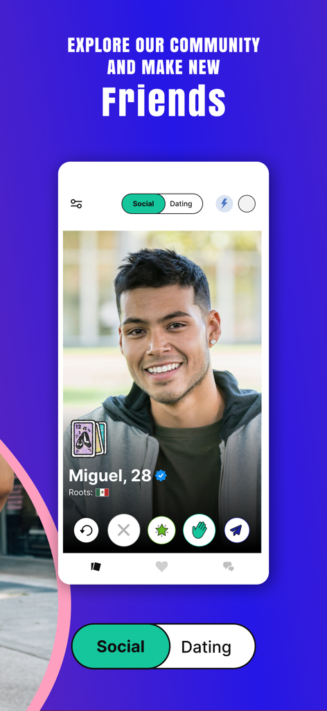 Chispa: Dating App for Latinos - Screenshot of the Chispa app showing a profile of a young man with Mexican roots with the social mode selected for finding friends.