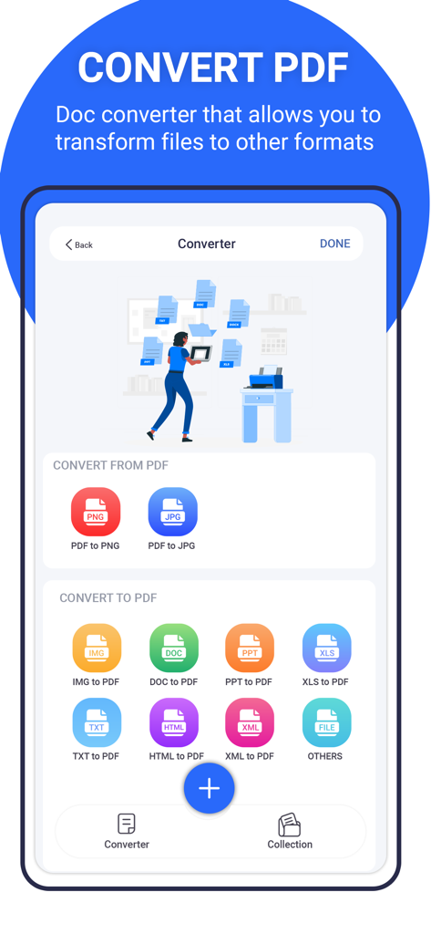 PDF Editors - Interface do aplicativo Editores de PDF mostrando várias opções de conversão de arquivos de e para PDF.