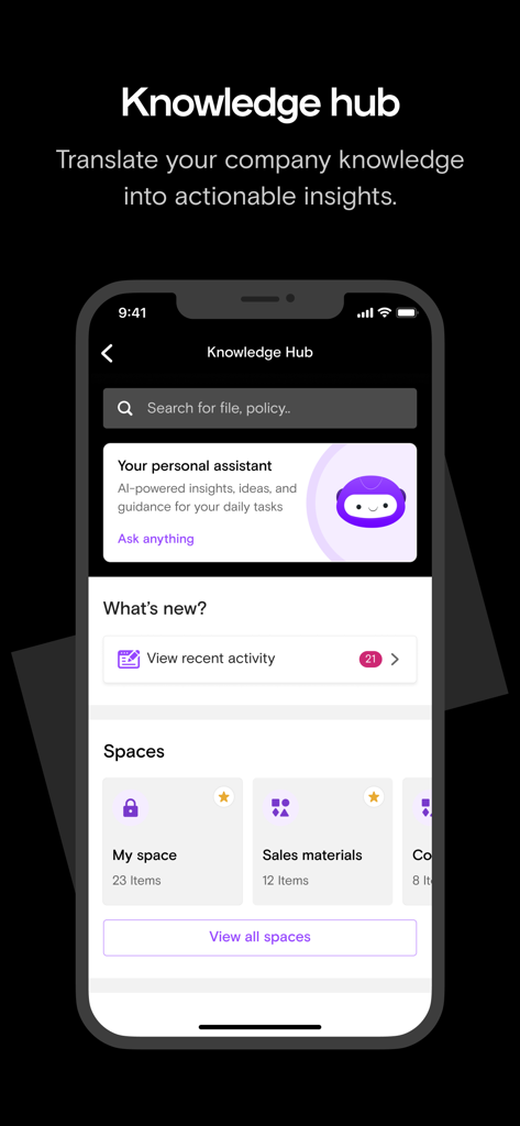 Bayzat app Knowledge Hub screen showing an AI personal assistant and organized company document spaces.