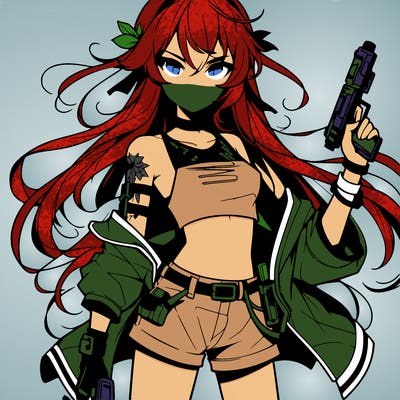 bad girl wearing crop top holding a gun long hair anime