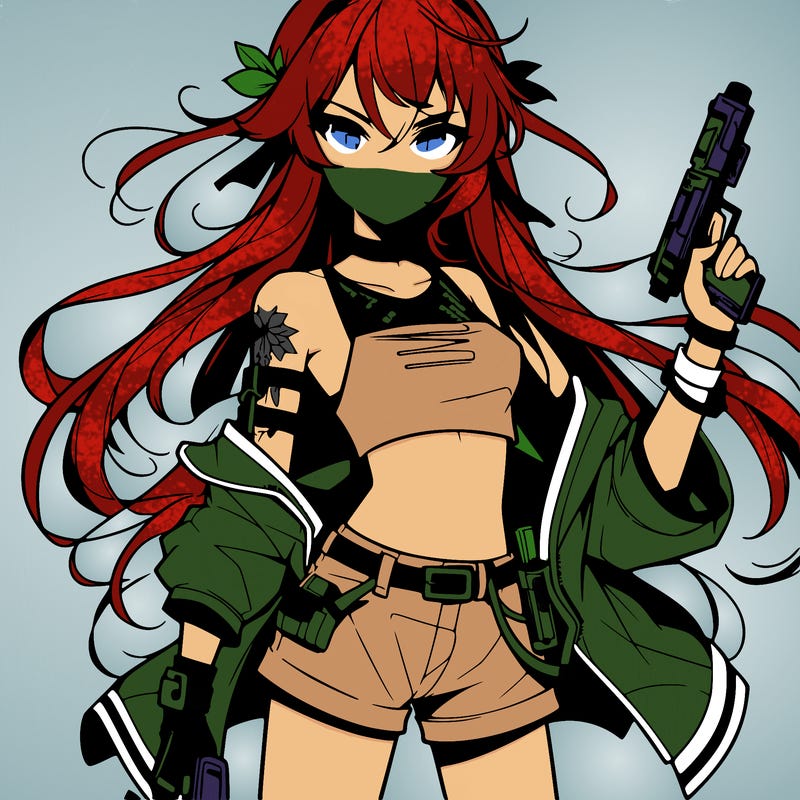 bad girl wearing crop top holding a gun long hair anime