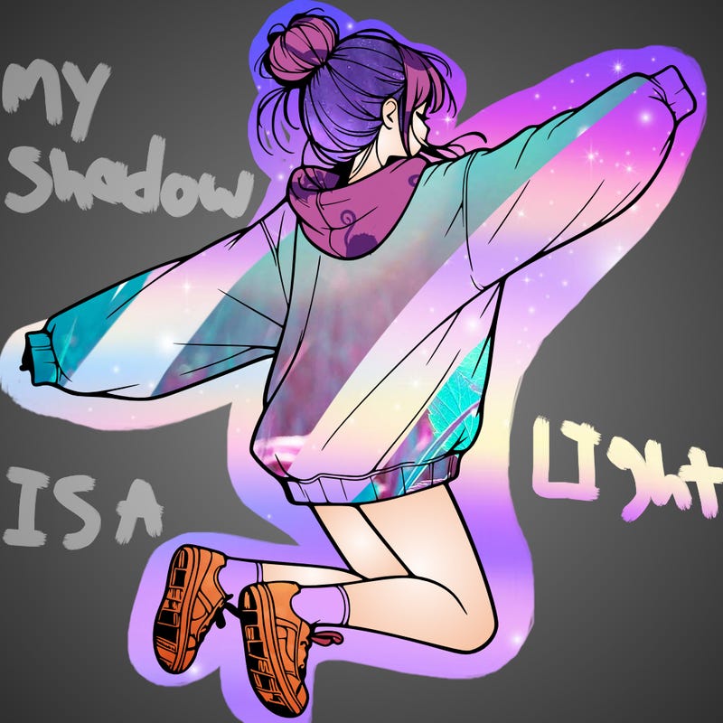 realistic girl jumping with a bun and oversized sweatshirt