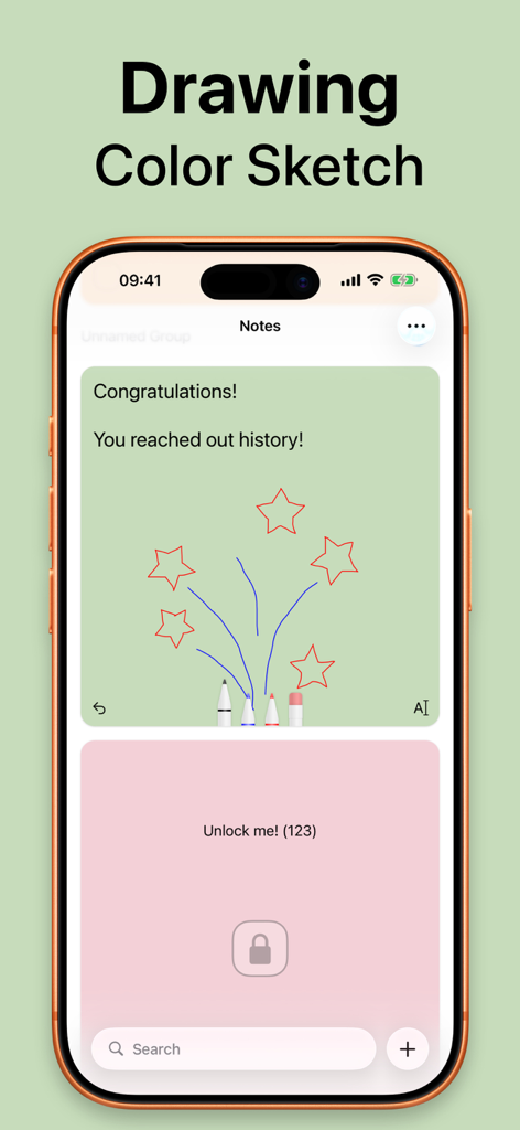 Sticky Note Widget. Stickies - Una pantalla de teléfono inteligente que muestra un boceto en color en una nota adhesiva y una nota segura bloqueada.