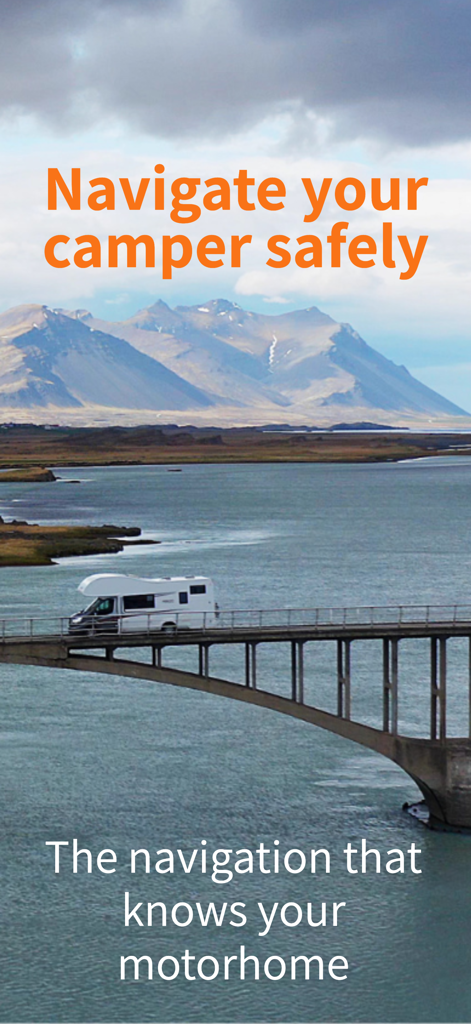 CampPilot Camper Navi - Motorhome crossing a scenic bridge with mountain background and safe navigation text