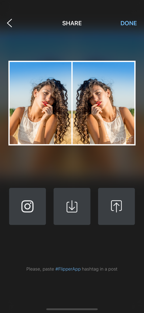 ミラーリングされた写真と、Instagramおよびダウンロード用の共有オプションが表示されているインターフェース。