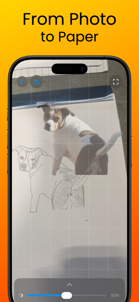PhotoTrace: Camera Tracing - PhotoTrace app interface showing a dog photo overlaid on a hand drawn sketch for tracing