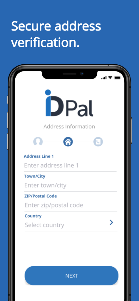 ID-Pal - 住所と郵便番号の入力フィールドがある安全な住所確認フォームを表示したID-Palアプリのスマートフォン画面。