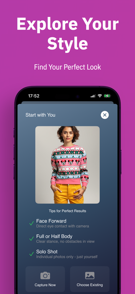 TryFit app screen showing tips and options for capturing or uploading a photo for virtual fashion preview