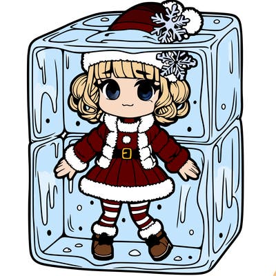 detailed girl trapped inside a ice block in a christmas outfit