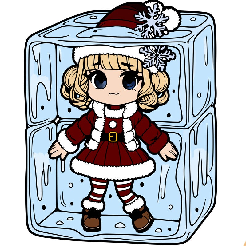 detailed girl trapped inside a ice block in a christmas outfit