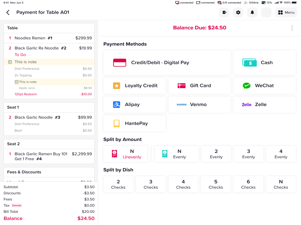 Chowbus POS - Chowbus POS payment screen with bill splitting and diverse payment methods