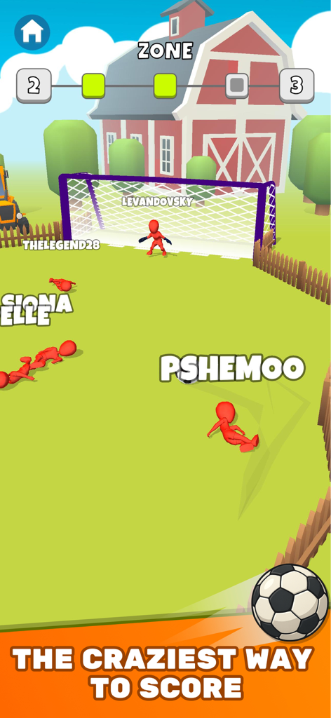 Captura de pantalla del juego móvil Crazy Kick mostrando jugabilidad de fútbol en un nivel de granja