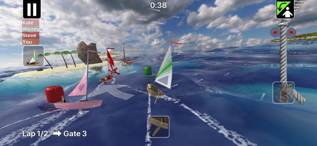 Captura de pantalla del juego Top Sailor que muestra varios veleros compitiendo frente a una isla tropical