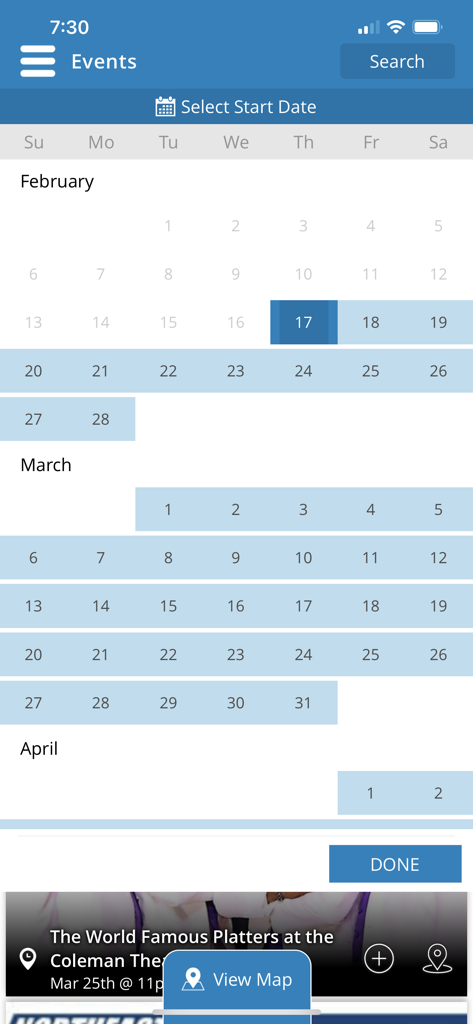 Events calendar interface in the Visit Miami OK app for planning local activities and trips